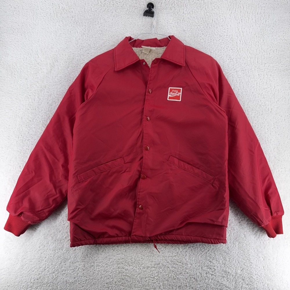 Vintage Coca-Cola Jacket Mens Medium Red Riverside‎ Sherpa Lined Snap Up USA 80s